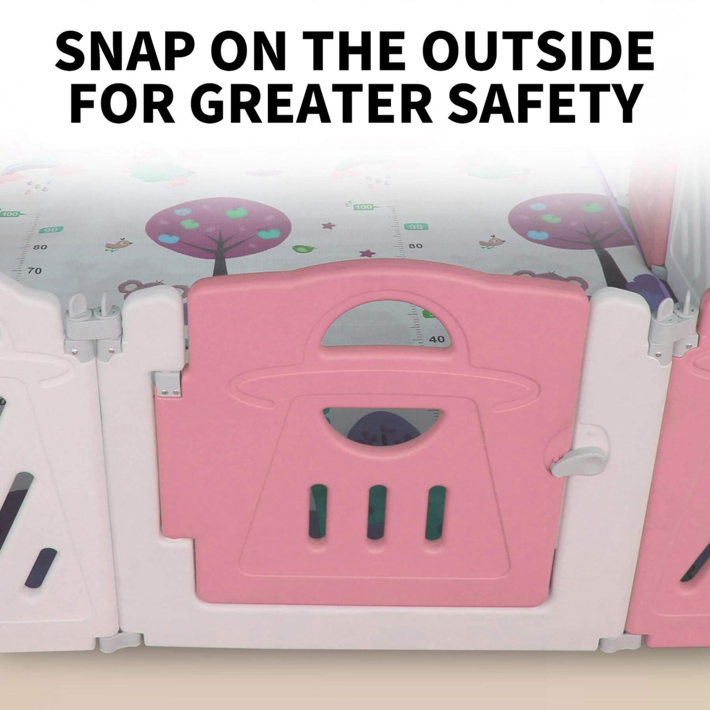 Pink playpen with safety instructions on a white background