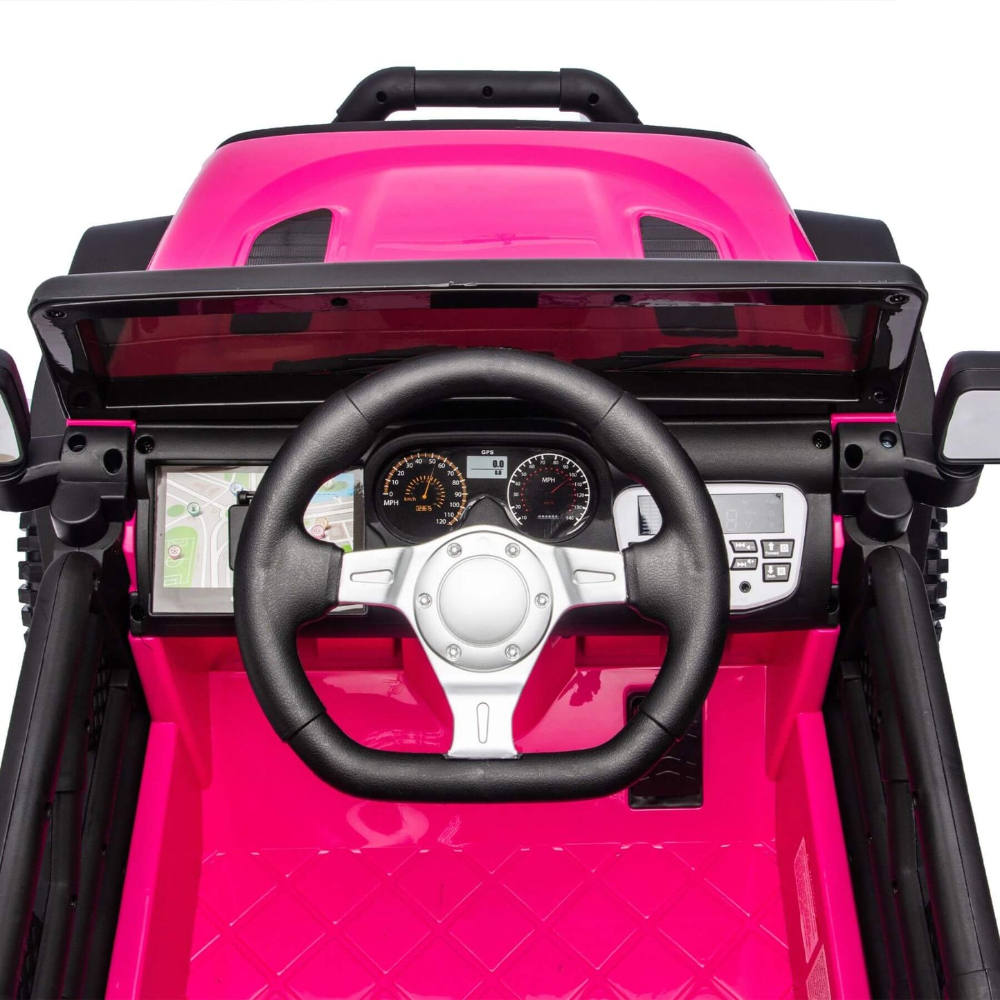 Pink toy car with steering wheel and dashboard on a white background
