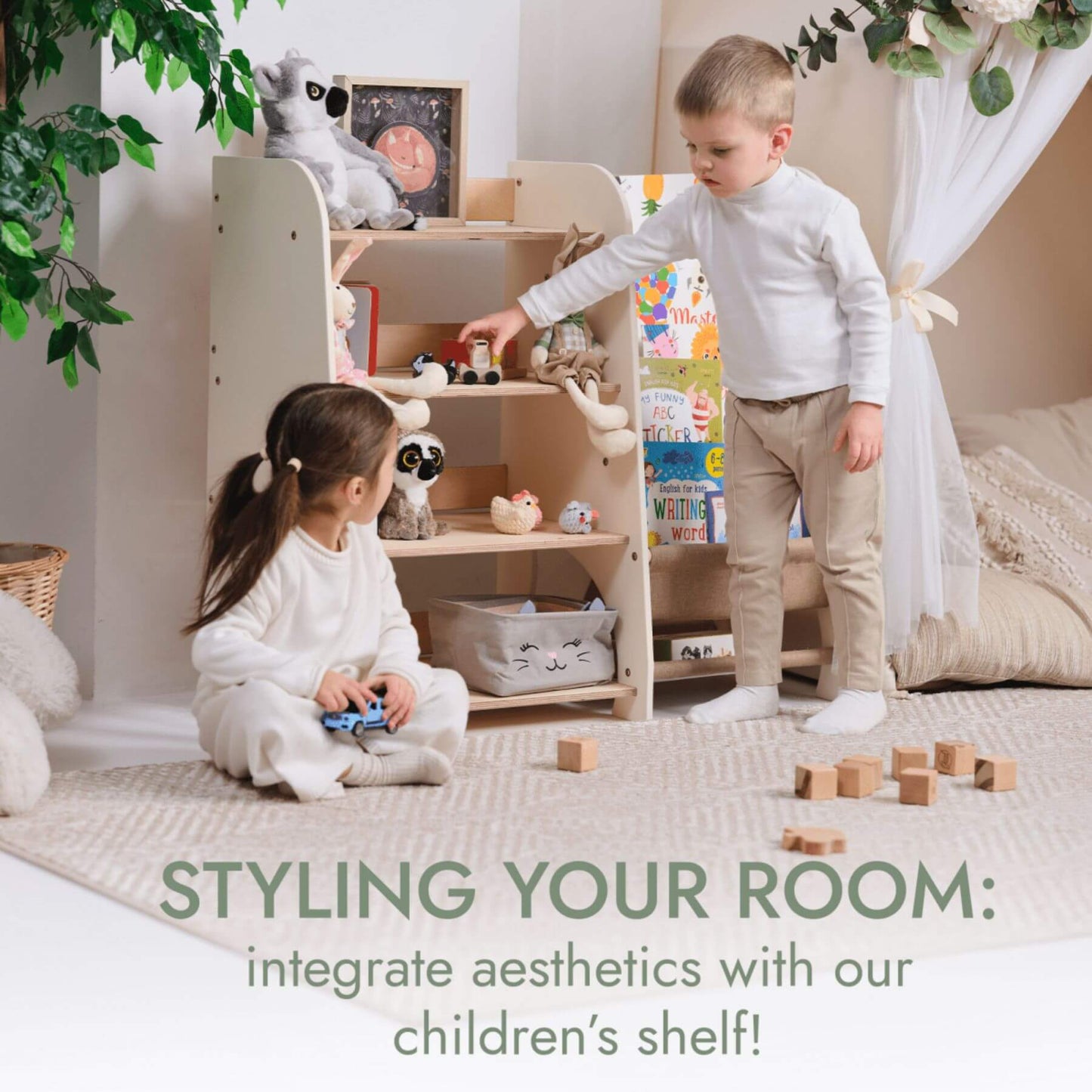 Children playing with toys in a room with Goodevas Montessori Shelves for Toddler 2in1