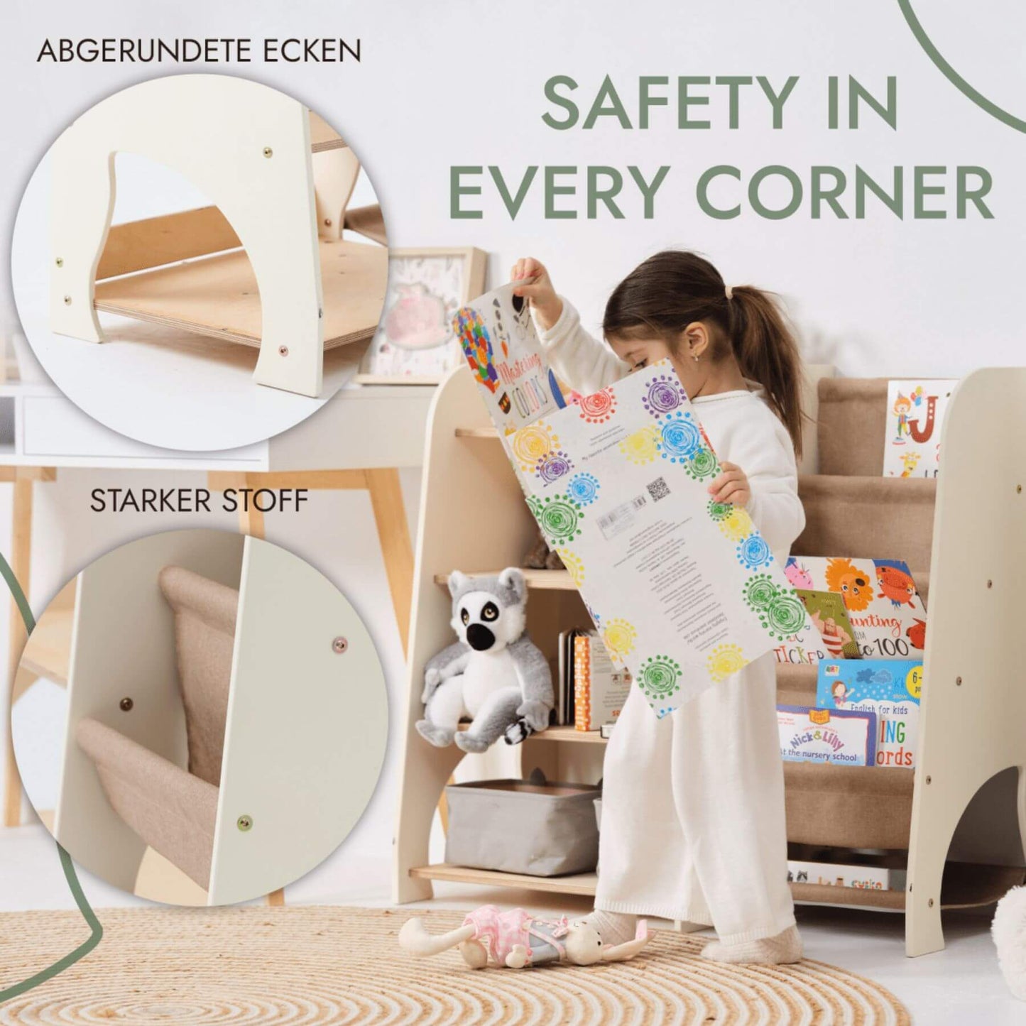 Child playing with a colorful book in a room with Goodevas Montessori Shelves for Toddler 2in1