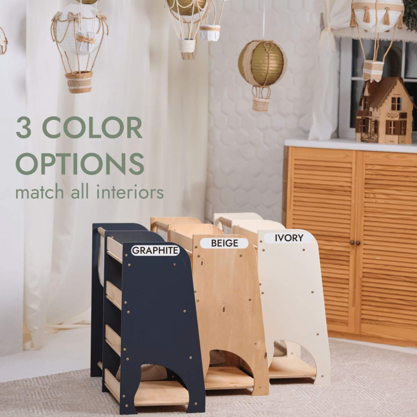 Three Goodevas Montessori Shelves for Toddler 2in1 in graphite, beige, and ivory with text indicating color options.