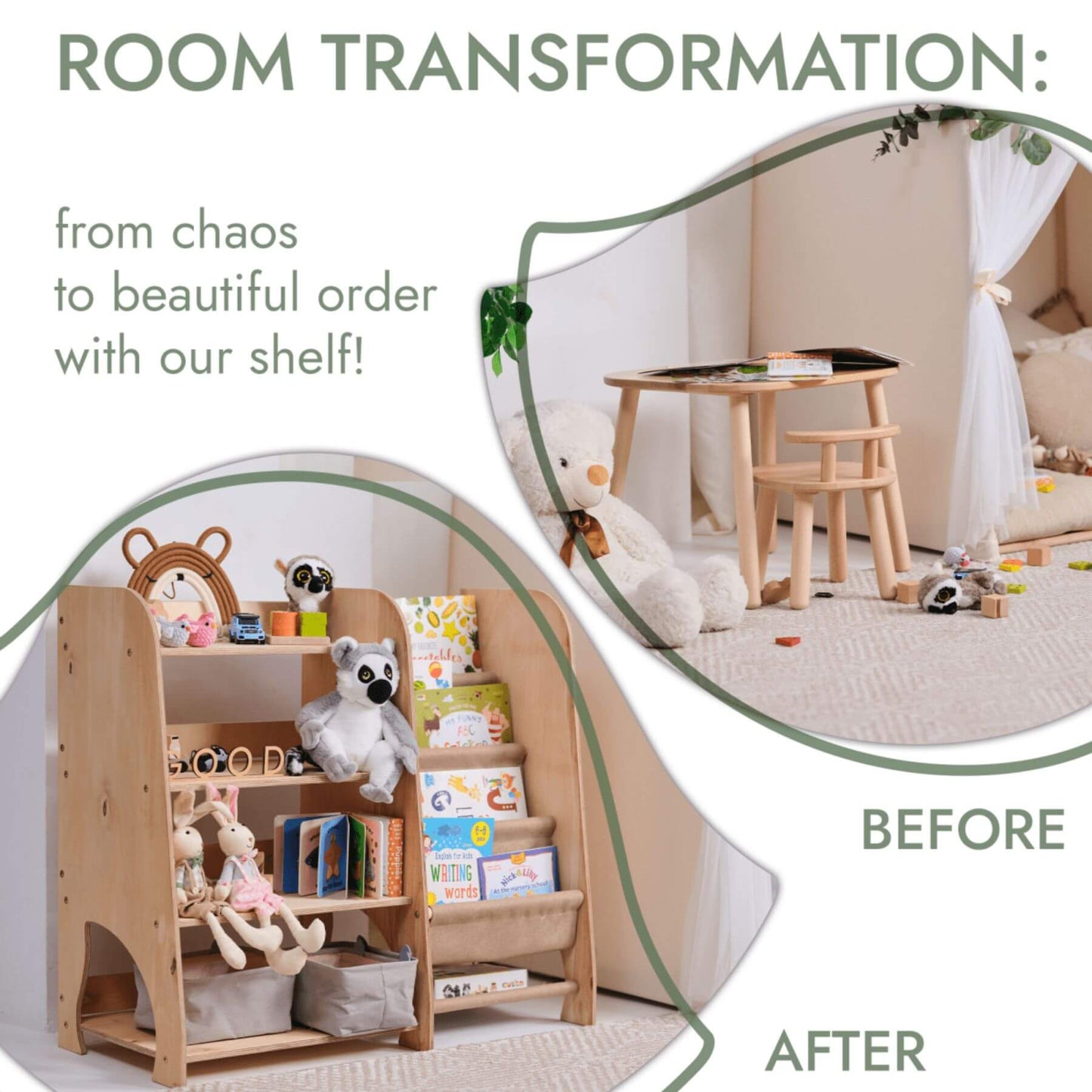 Room transformation before and after using Goodevas Montessori Shelves for Toddler 2in1 with text 'Room Transformation: from chaos to beautiful order with our shelf!'.