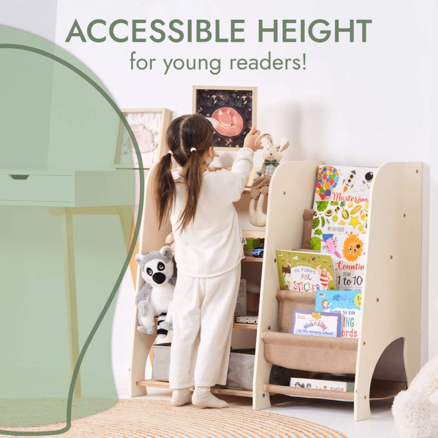 Child standing next to Goodevas Montessori Shelves for Toddler 2in1 with books and toys, emphasizing 'Accessible Height for Young Readers'.
