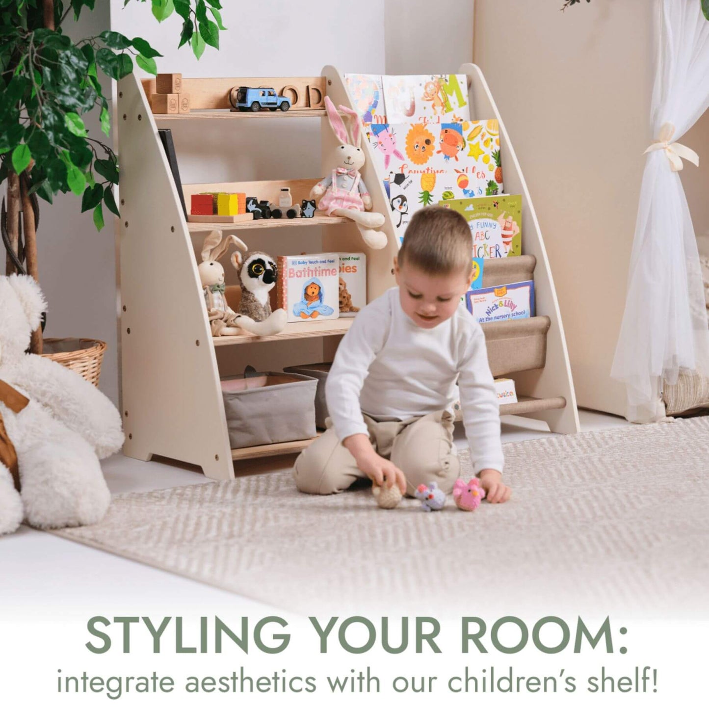 Child playing with toys in a room with a Goodevas 2in1 Montessori Shelf and books.