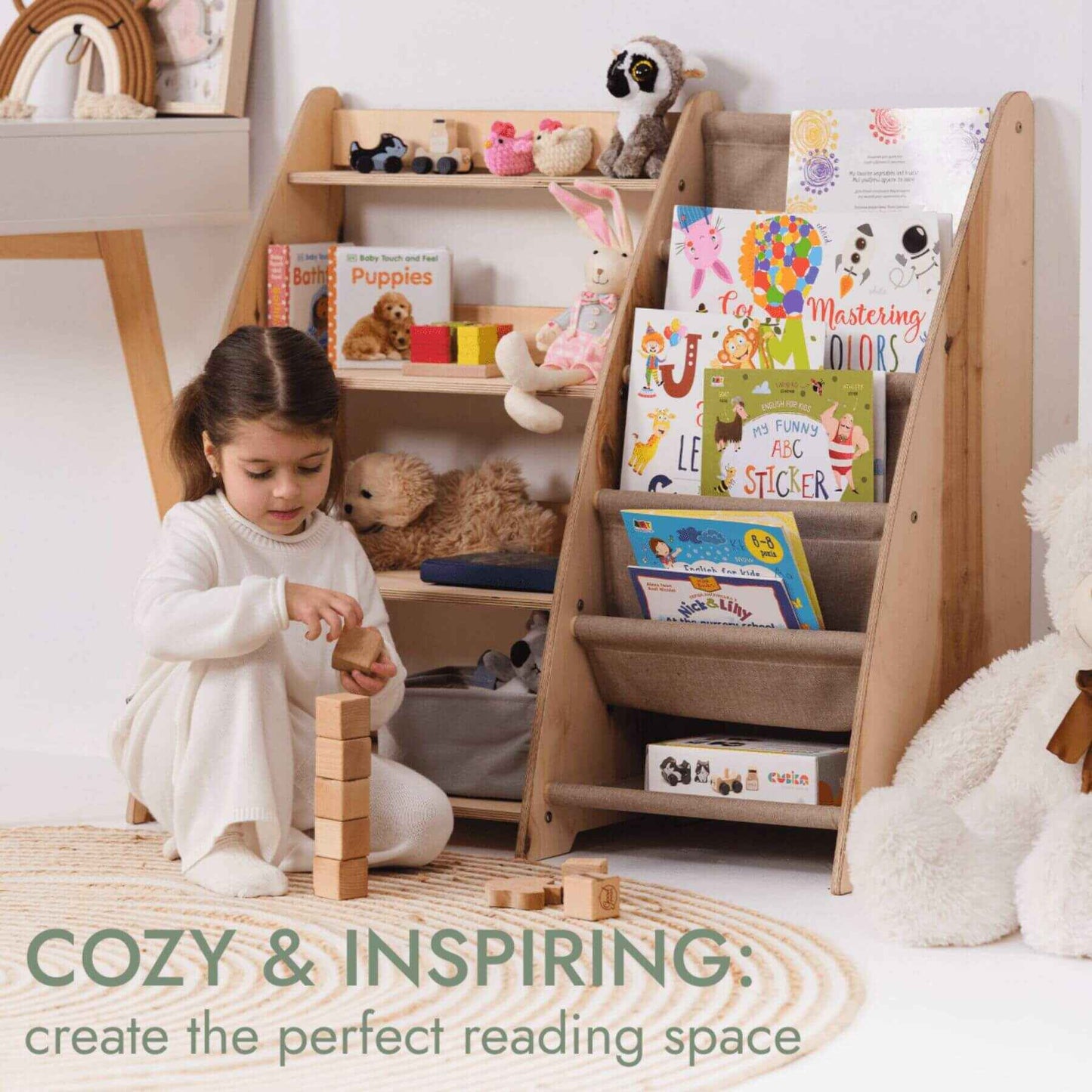 Child playing with wooden blocks in a cozy reading nook with books and toys.