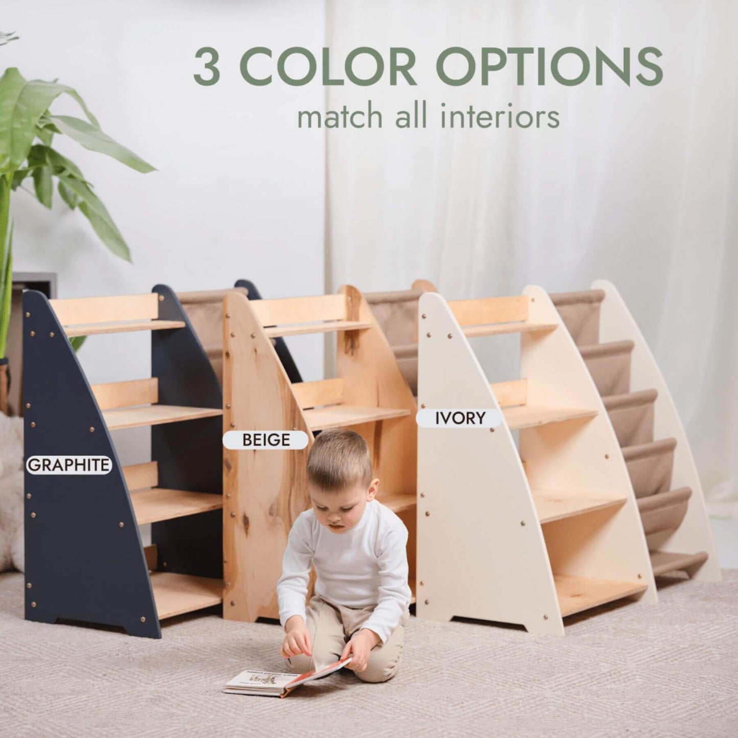 Goodevas 2in1 Montessori Shelf with three color options labeled Graphite, Beige, and Ivory, and a child reading a book.