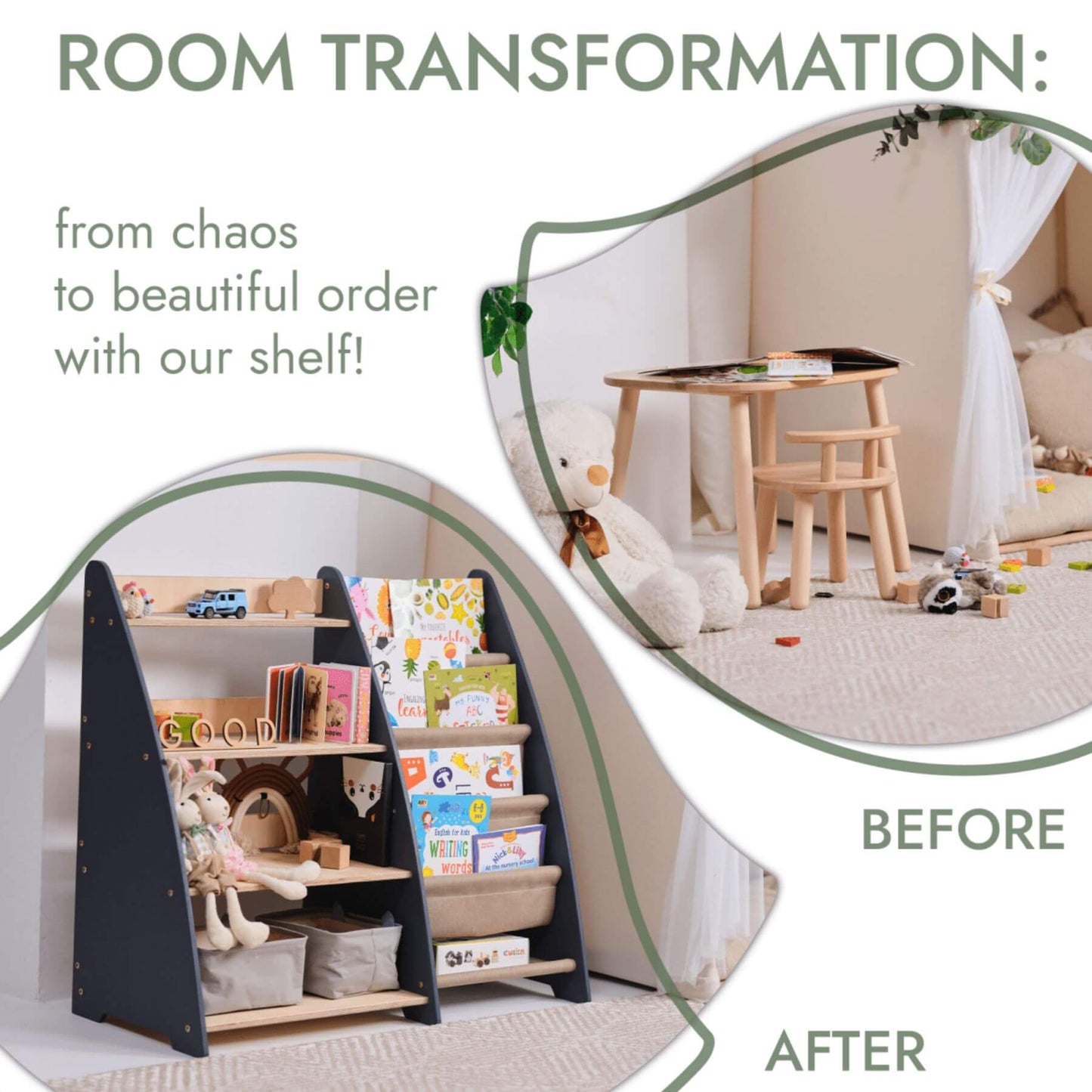 Room transformation before and after using a shelf, with text indicating chaos to order.