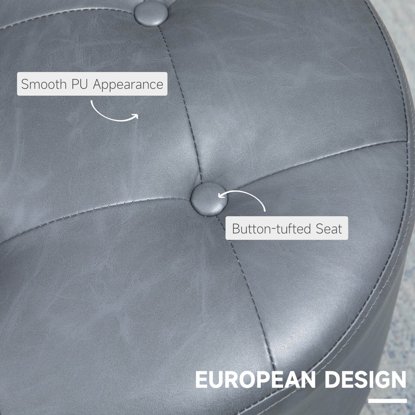 Gray button-tufted ottoman with smooth PU appearance, labeled 'European Design'.