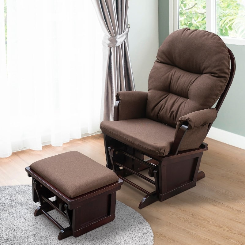 HOMCOM Nursery Glider Rocker with Ottoman | Thick Padded Cushion & Wood Base | Brown