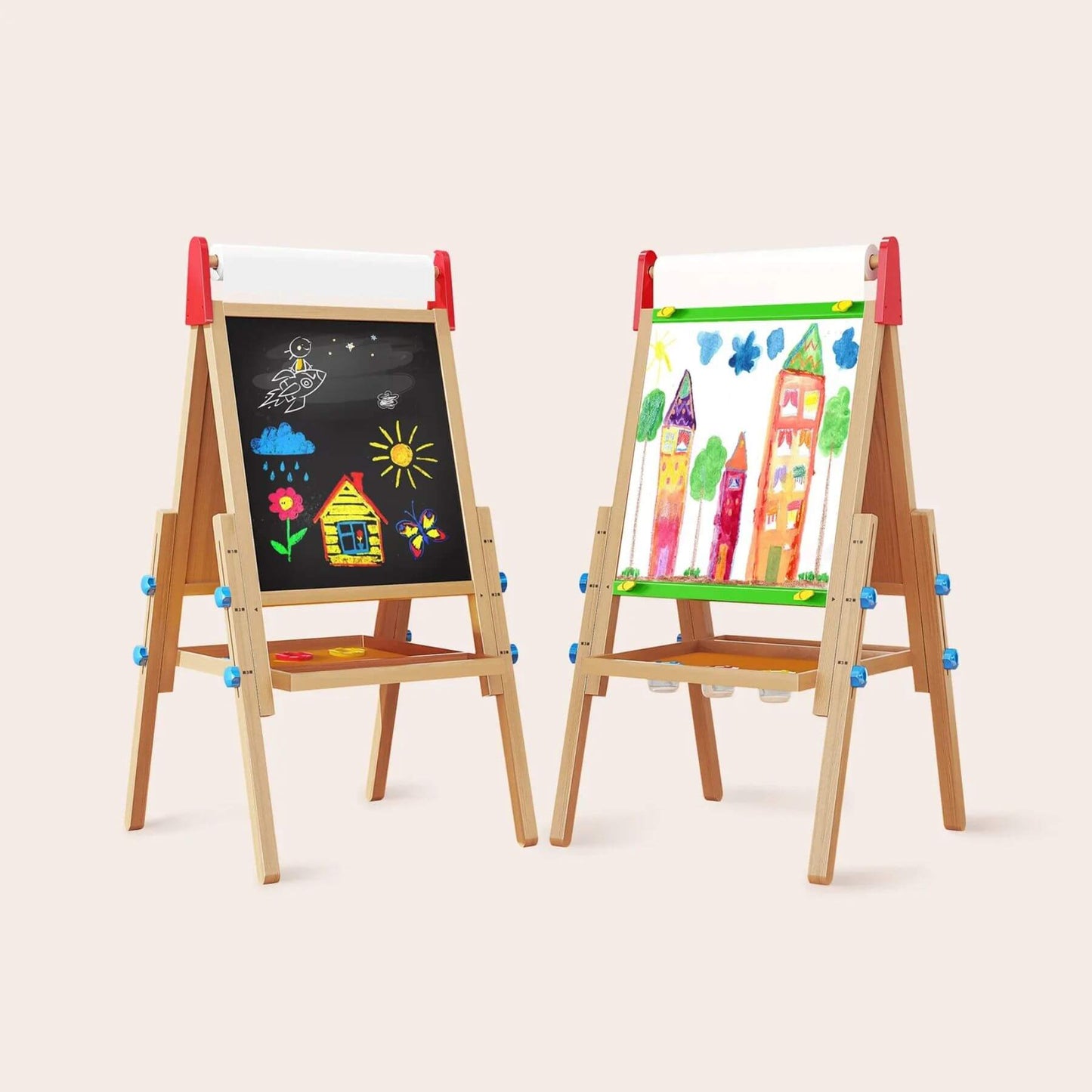 Tiny Land® 3-in-1 Art Easel & Paper Roll Set, displaying colorful drawings.