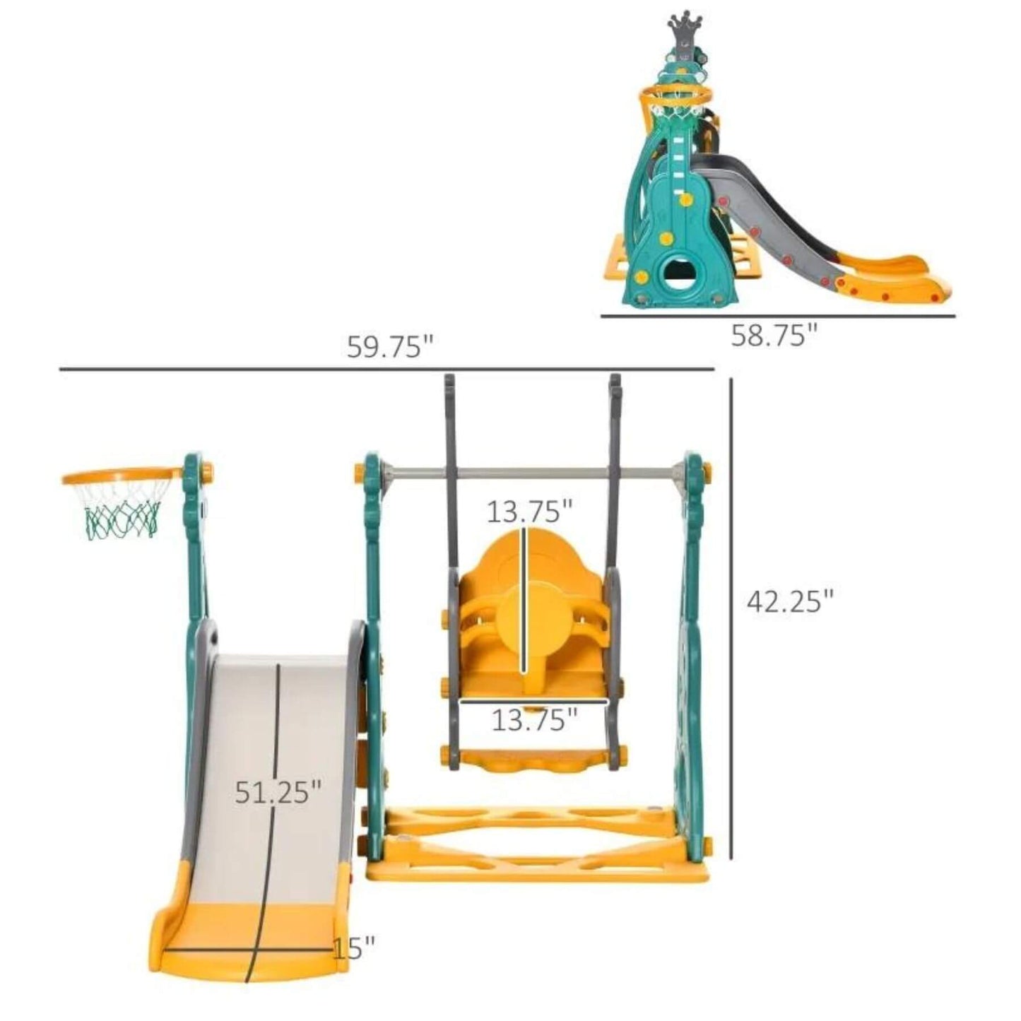 Qaba Indoor/Outdoor 3 in 1 Toddler Swing and Slide Set, Teal & Dolphin Gray