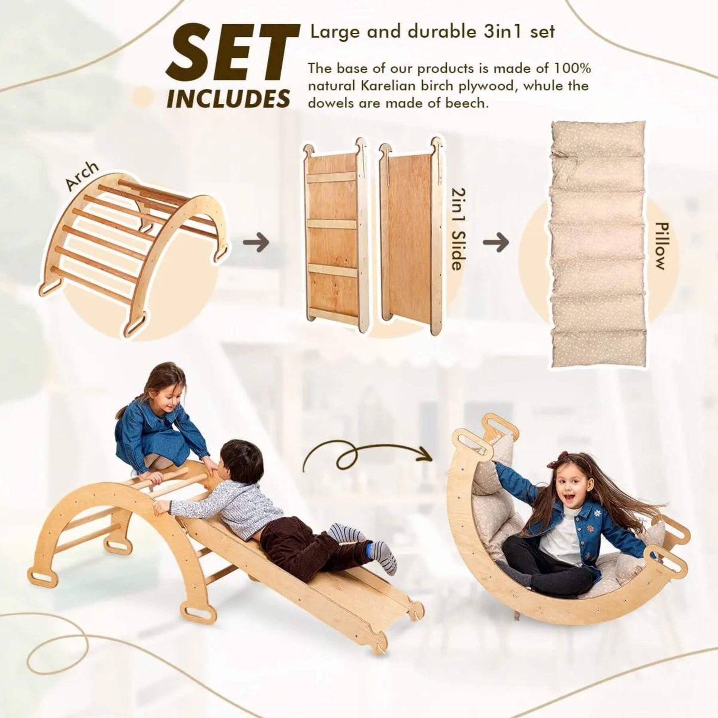 Children playing with Goodevas wooden arch, slide, and pillow set on a light background.