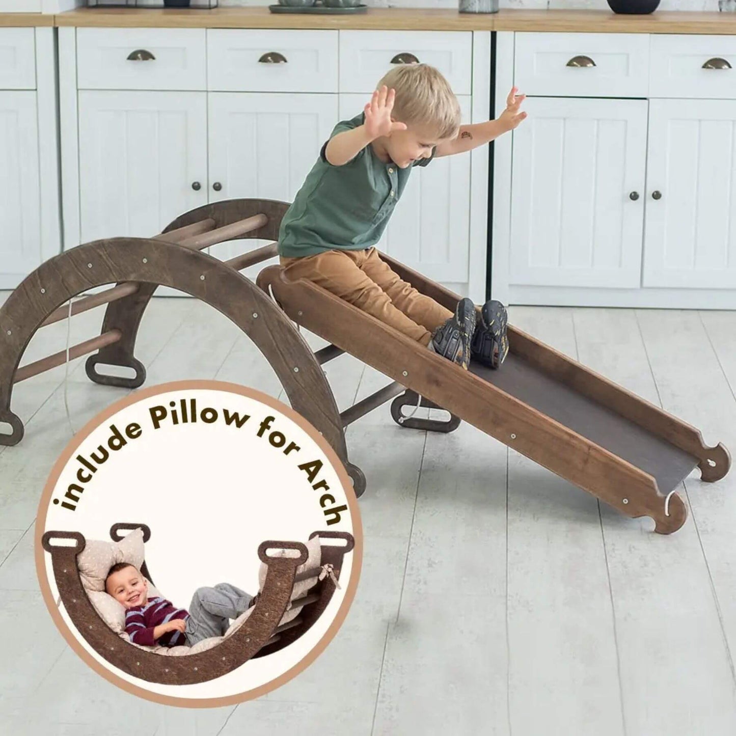 Child playing on Goodevas 3in1 Montessori Climbing Set in a kitchen with an inset showing a baby in a similar product.