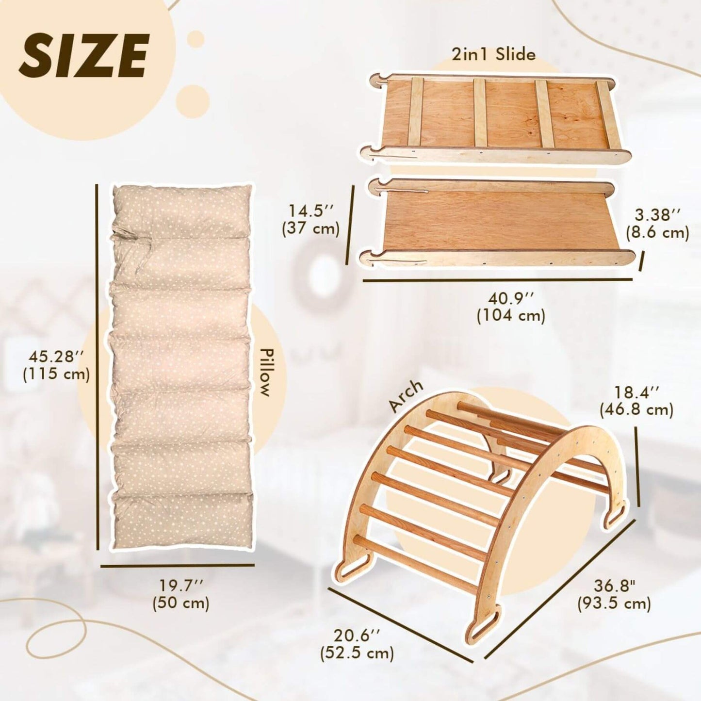 Goodevas 3in1 Montessori Climbing Set Beige with measurements on a light background