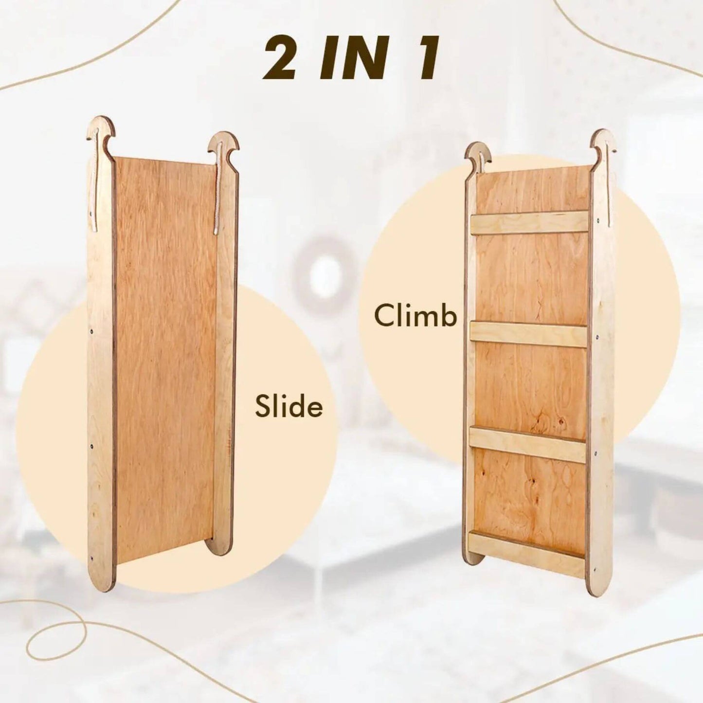 Wooden climbing and sliding board with '2 IN 1' text on a light background