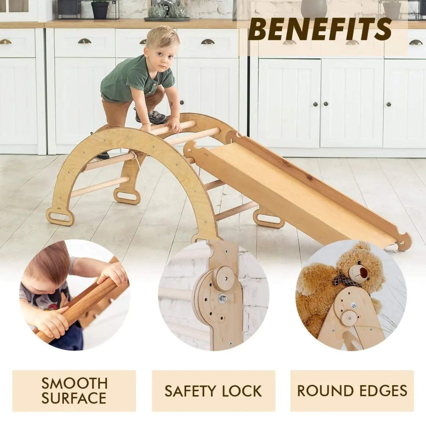 Goodevas 3in1 Montessori Climbing Set Beige with safety features highlighted and a child playing on it.