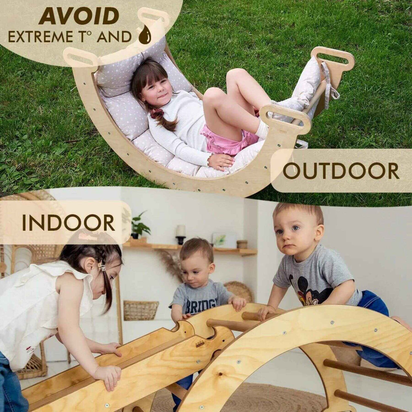 Children playing with a wooden climbing toy outdoors and indoors.