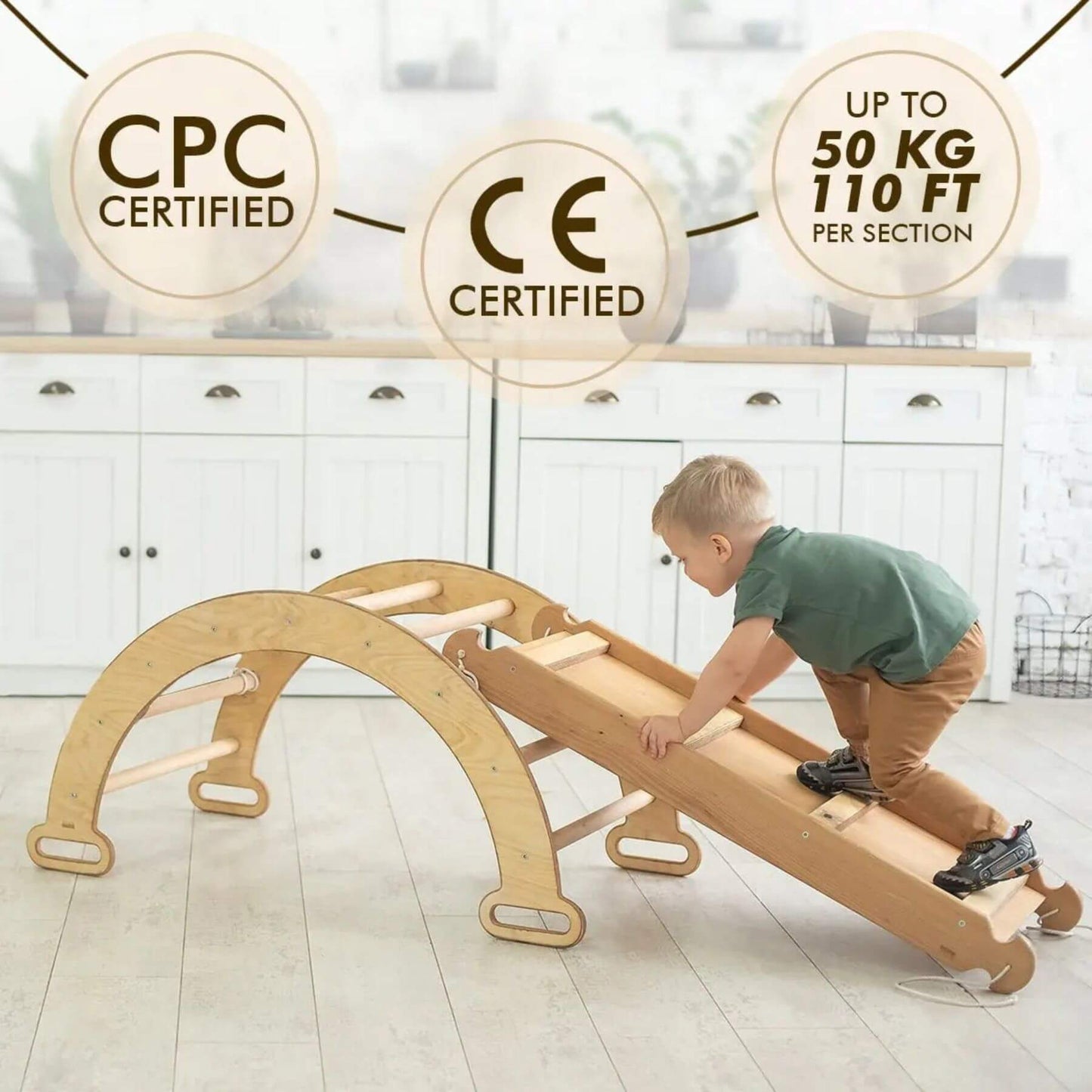 Child playing on Goodevas 3in1 Montessori Climbing Set Beige with certification logos in the background