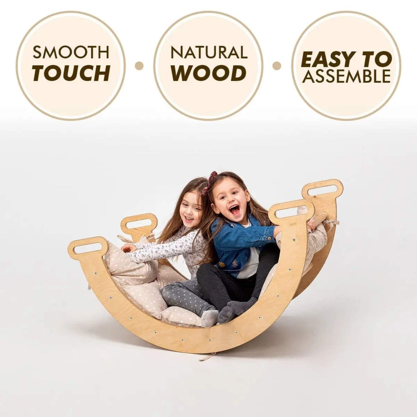 Two children sitting in a wooden rocking chair with text labels 'Smooth Touch', 'Natural Wood', and 'Easy to Assemble'.