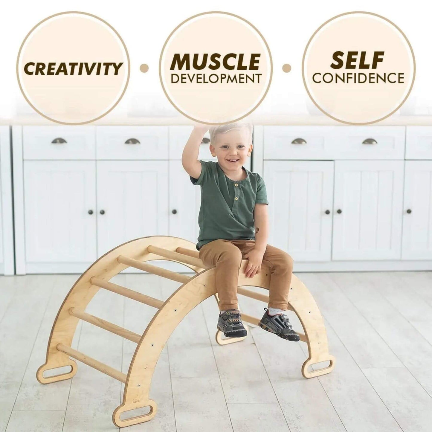Child sitting on a wooden climbing toy with benefits listed above