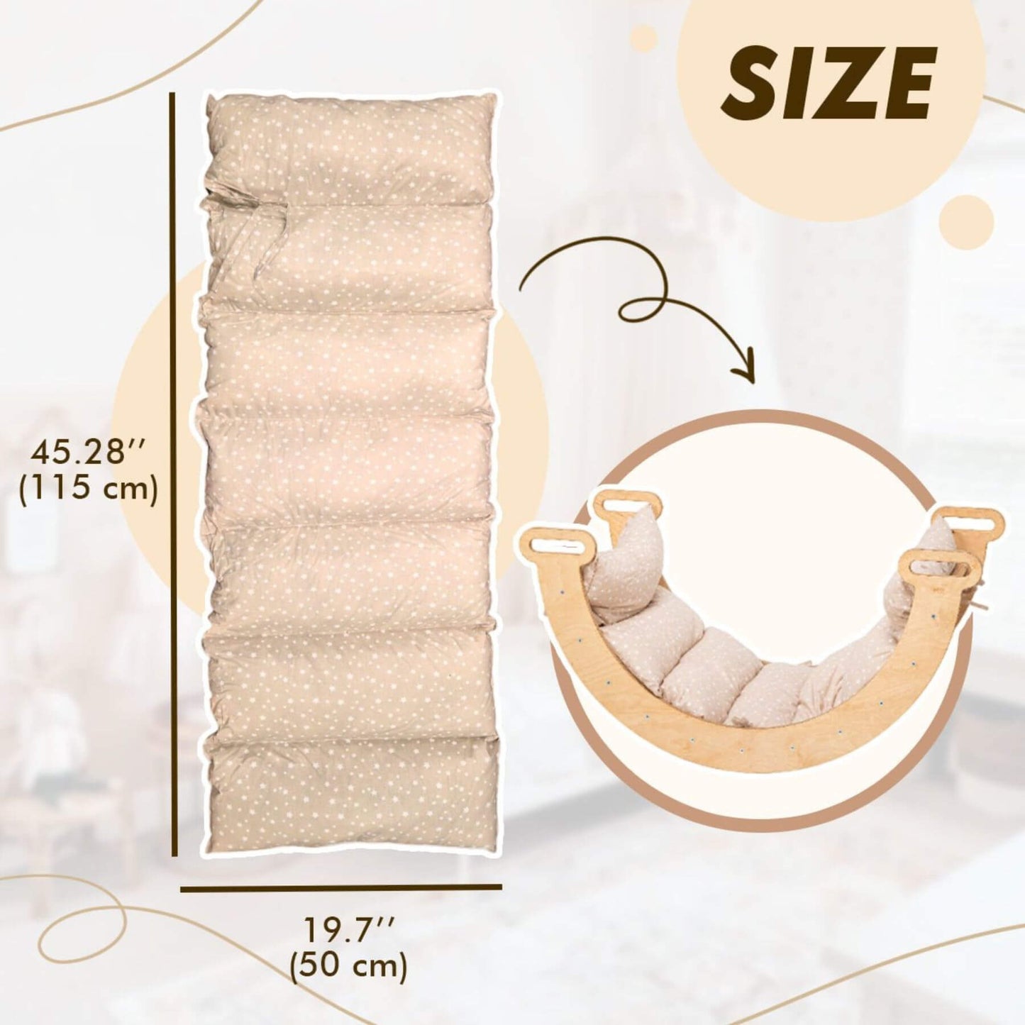 Folded fabric with measurements and a rocker for size reference on a light background