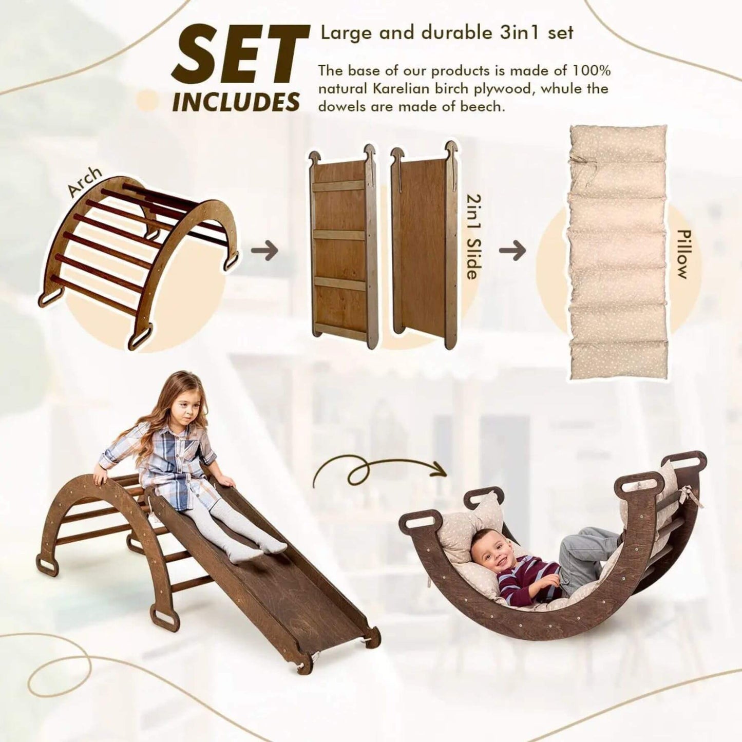 Wooden playground set with arch, slide, and hammock for children on a white background.