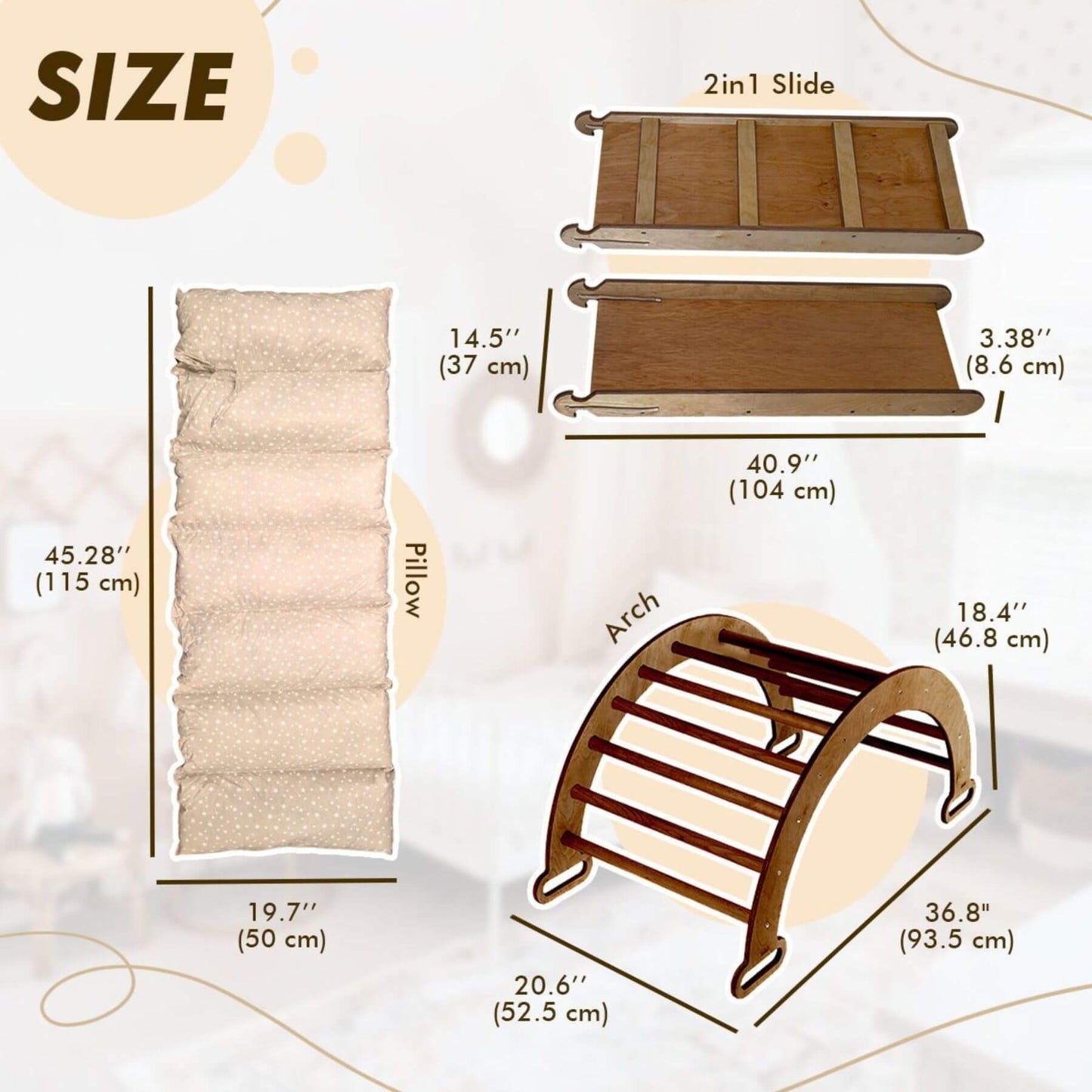 Measurement chart of Goodevas Montessori Climbing Set Chocolate with dimensions labeled.