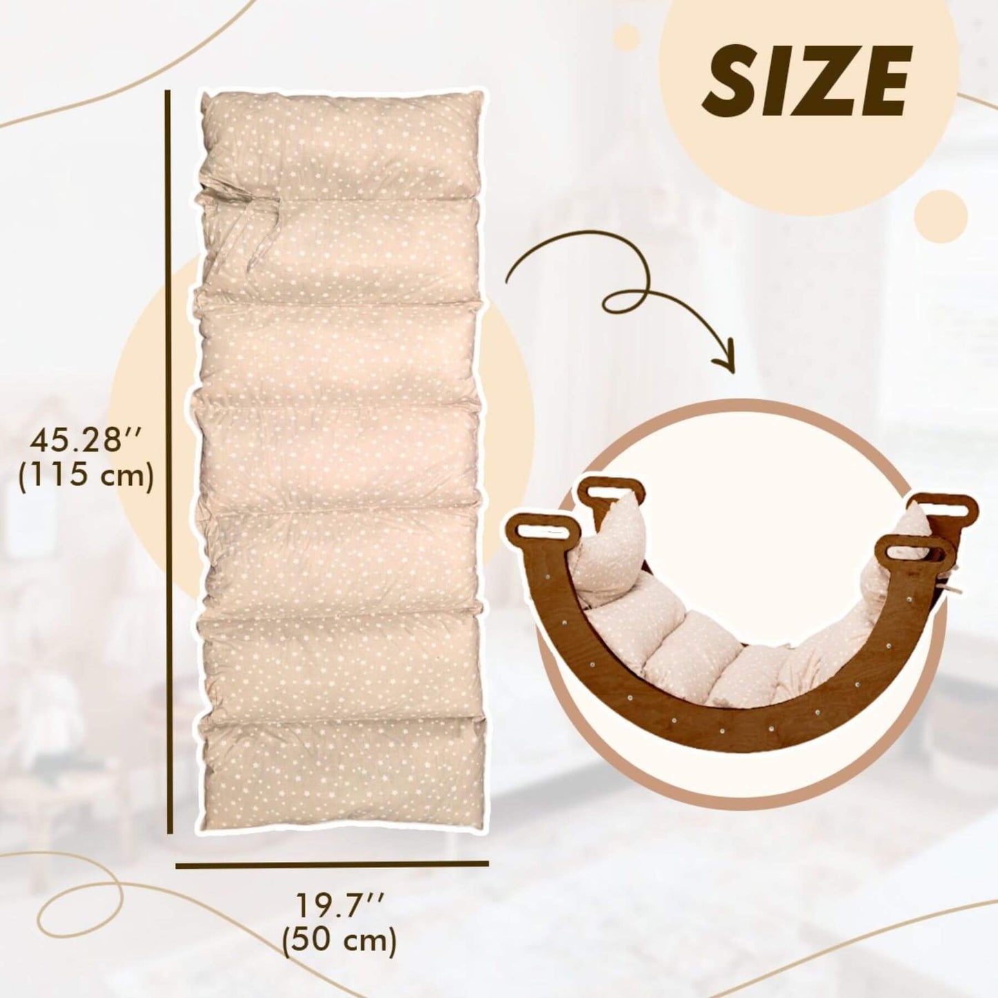 Beige cushion with measurements and a climbing arch illustration on a light background