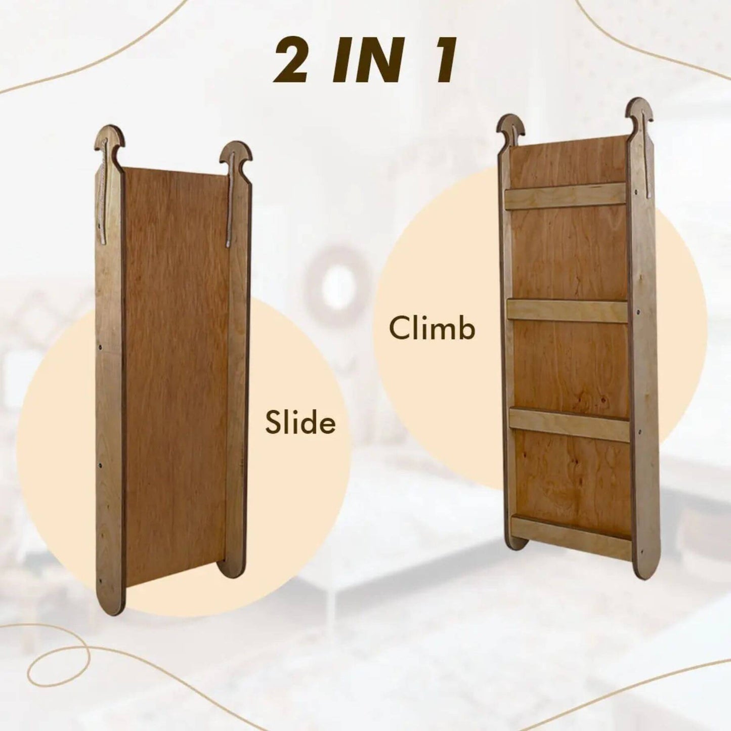 Wooden climbing and sliding board with '2 IN 1' text on a light background