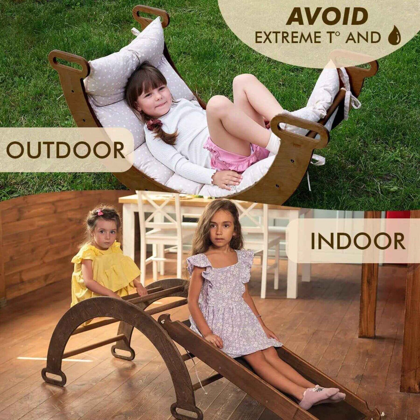 Children using a wooden Montessori Climbing Set outdoor and indoor with text about temperature precautions.