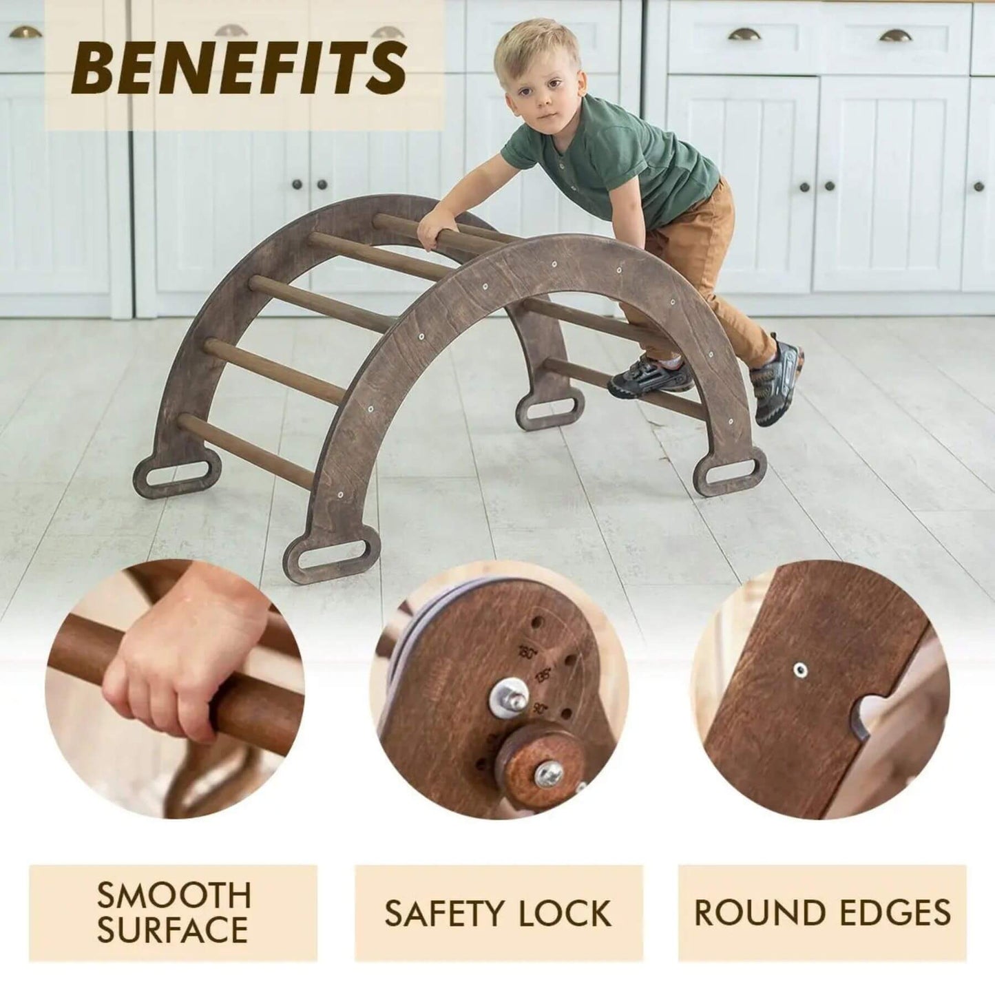 Child playing on a wooden climbing toy with close-ups of features and text about benefits.