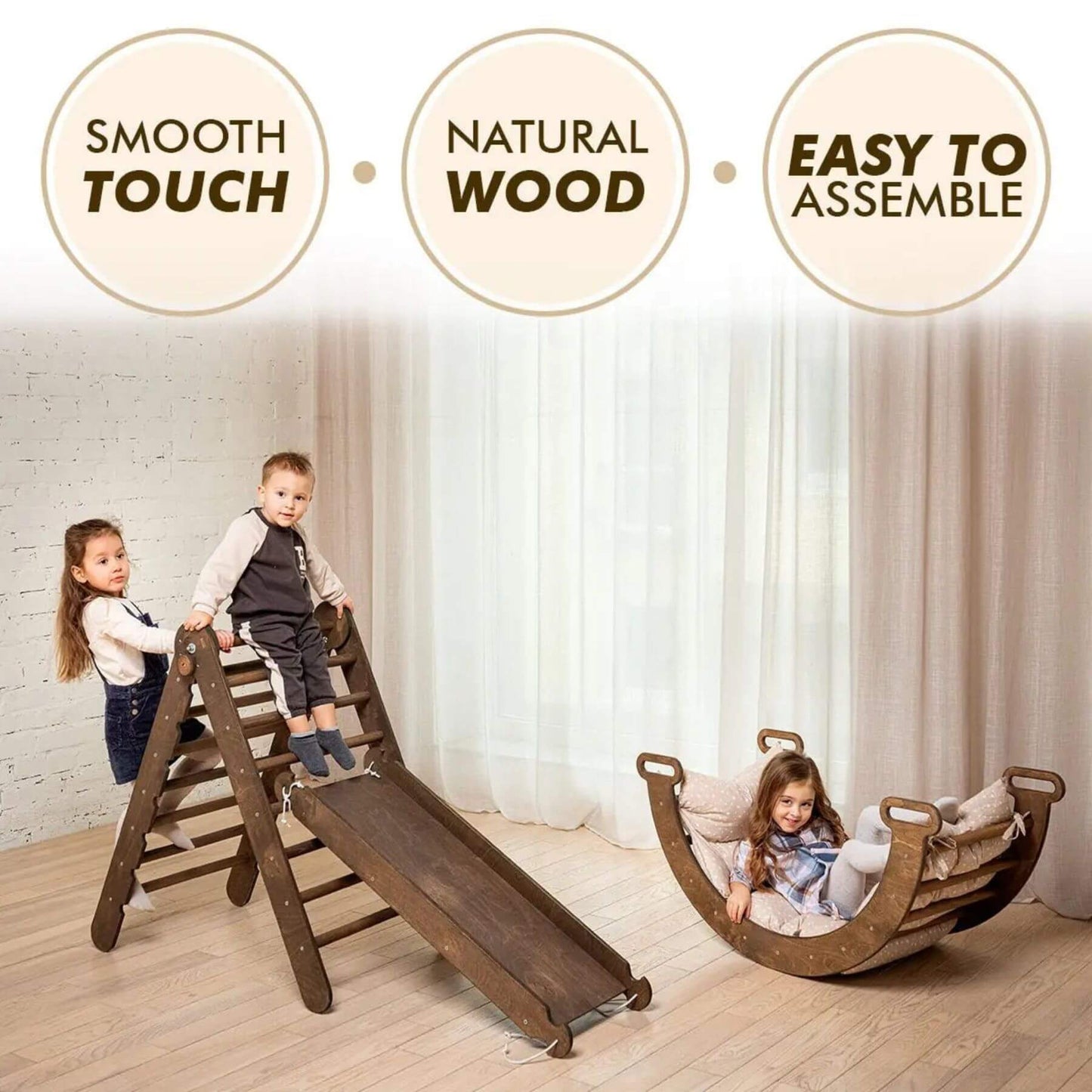 Children playing with Goodevas Montessori Climbing Set Chocolate in a room with white curtains and brick wall.