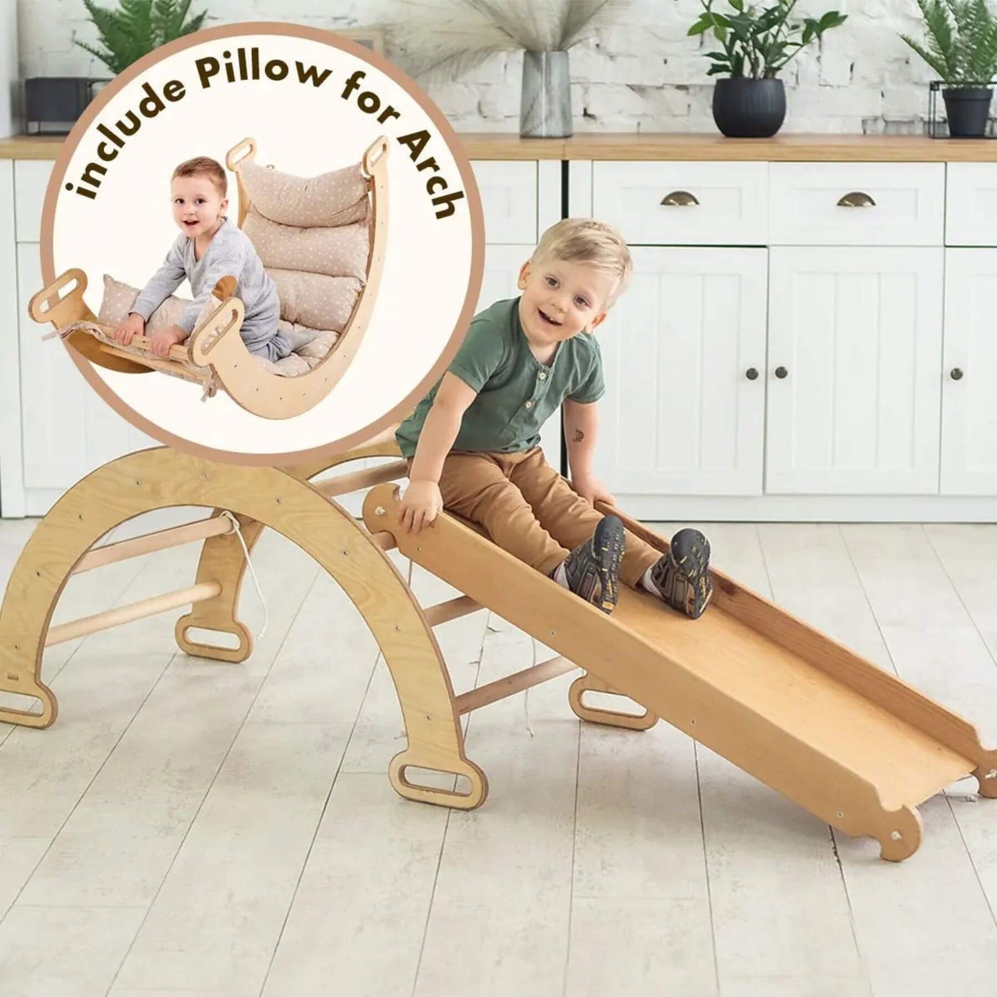 Child playing on Goodevas Montessori Climbing Set Beige with an arch, indoor setting.