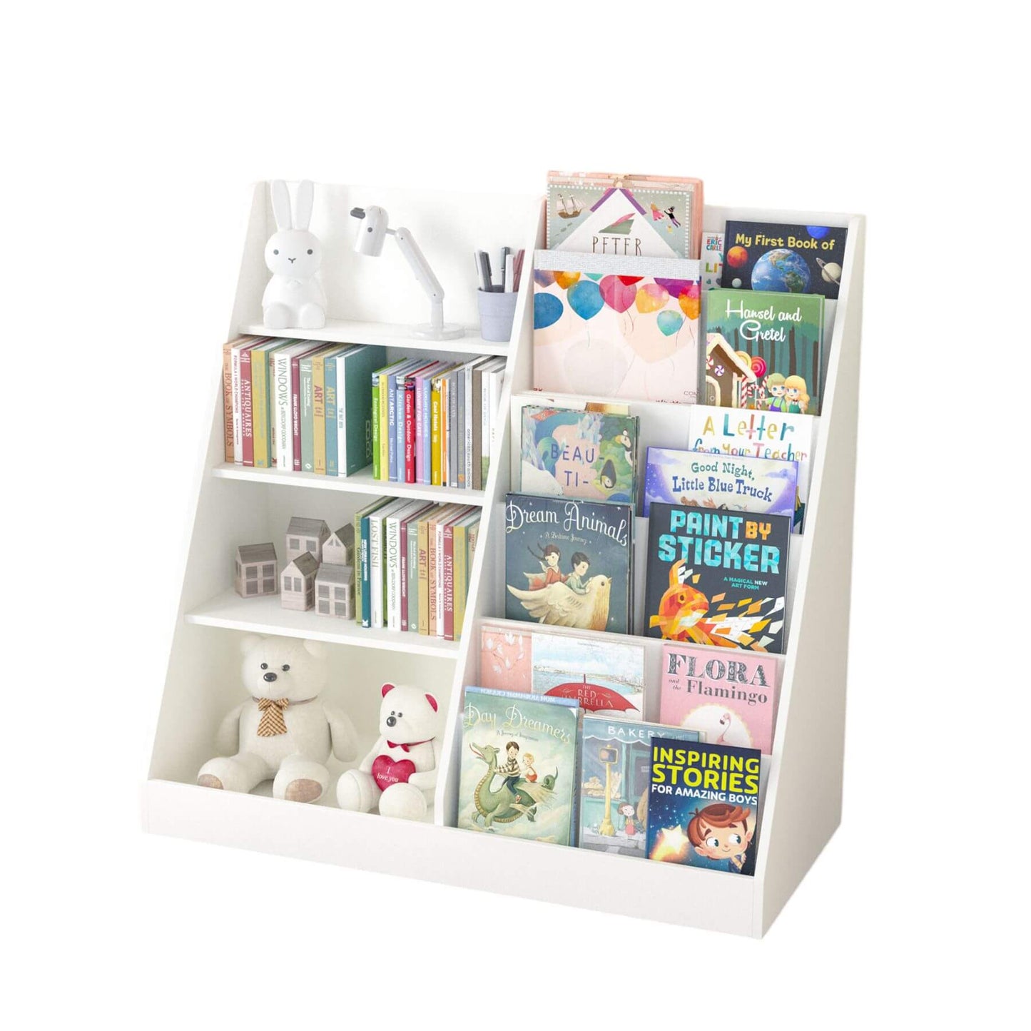 MOONRIVER Kids Multifunctional 4-Tier Wooden Bookcase - White with children's books and toys on a white background