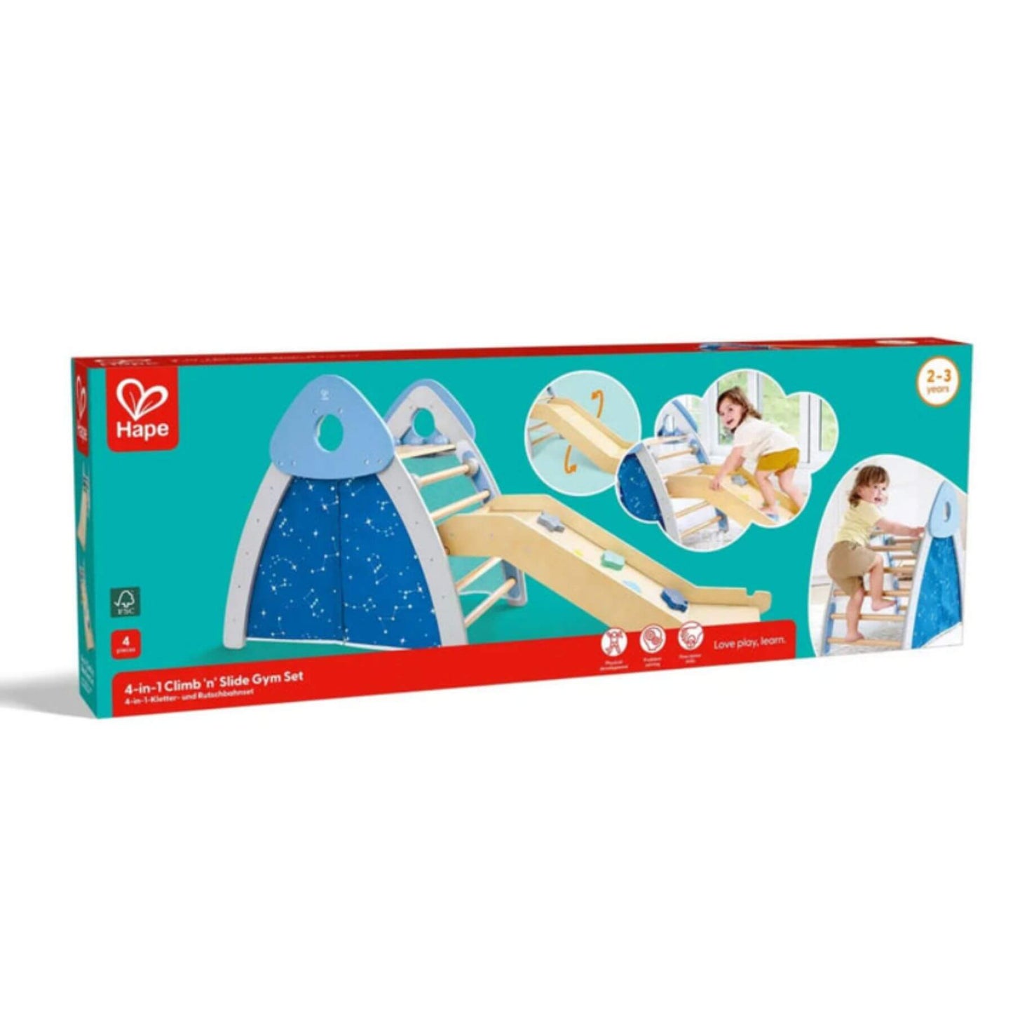 Hape 4-in-1 Climber & Slide Gym set packaging on a white background
