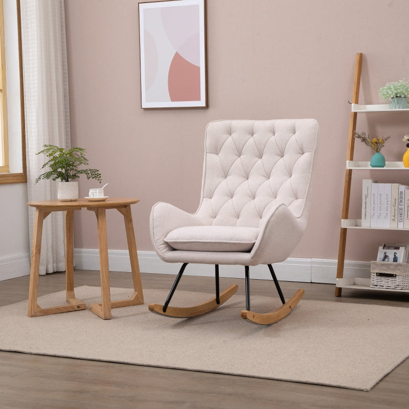 HOMCOM Mid-Century Cream White Nursery Rocker | Tufted Wingback & Rubber Wood Base