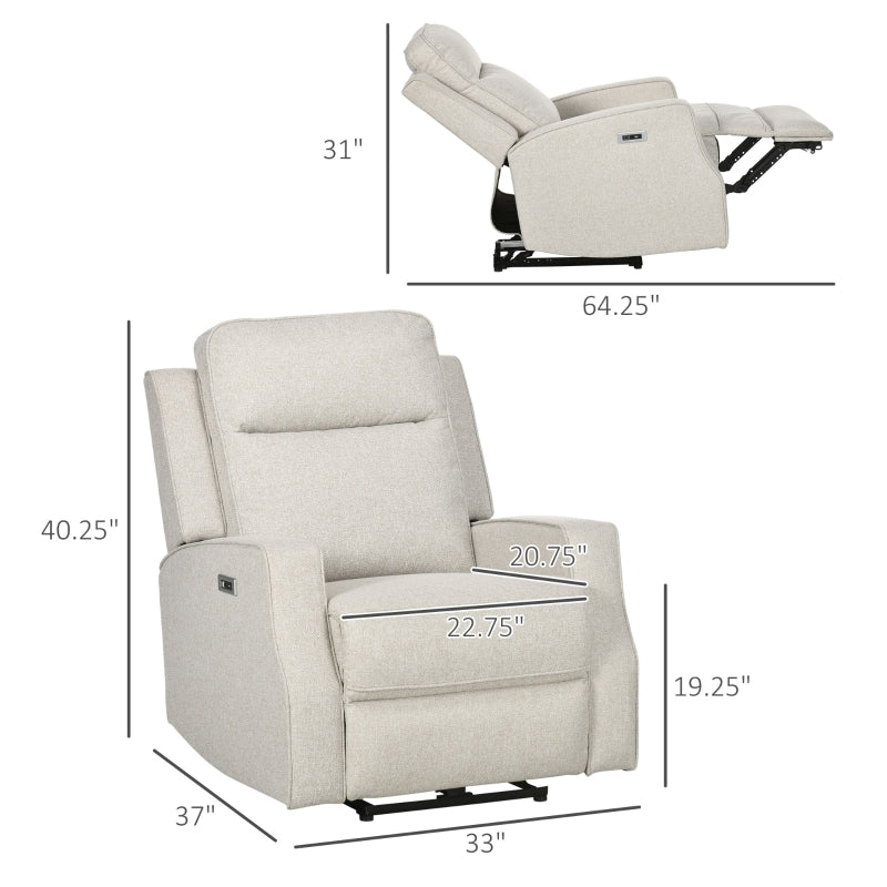 HOMCOM Electric Power Nursery Recliner | Cream White Linen Upholstery Armchair