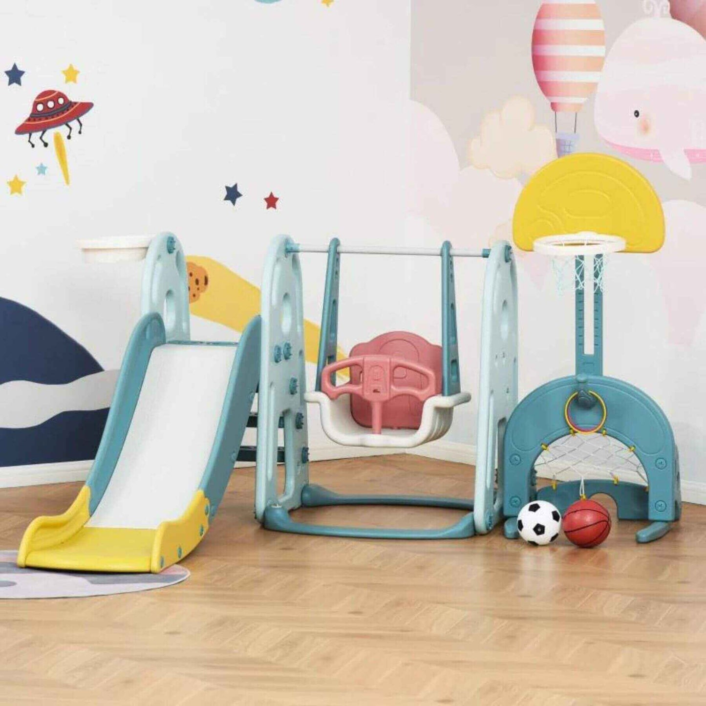 Qaba 5-in-1 Toddler Playset, Baby Slide and Swing Set, Blue & White & Yellow