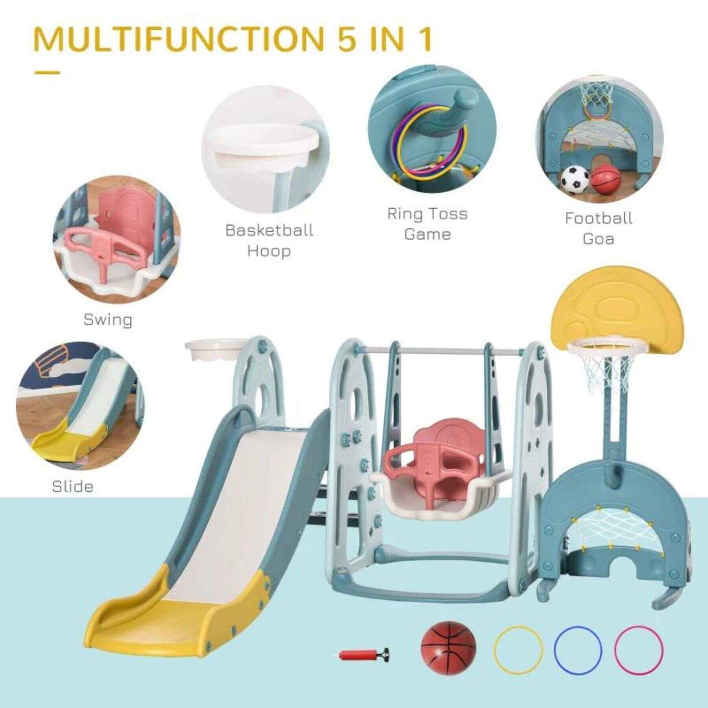 Qaba 5-in-1 Toddler Playset, Baby Slide and Swing Set, Blue & White & Yellow