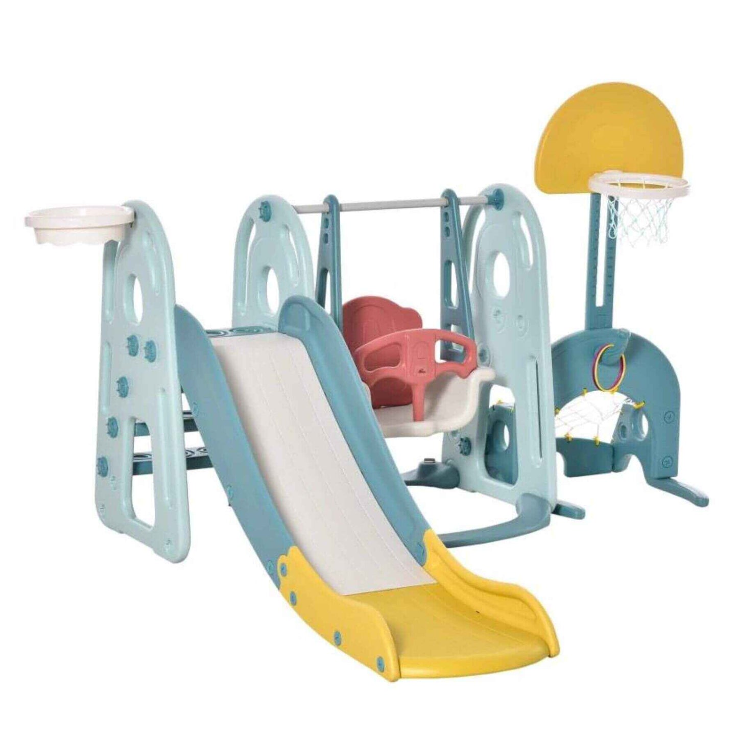 Qaba 5-in-1 Toddler Playset, Baby Slide and Swing Set, Blue & White & Yellow