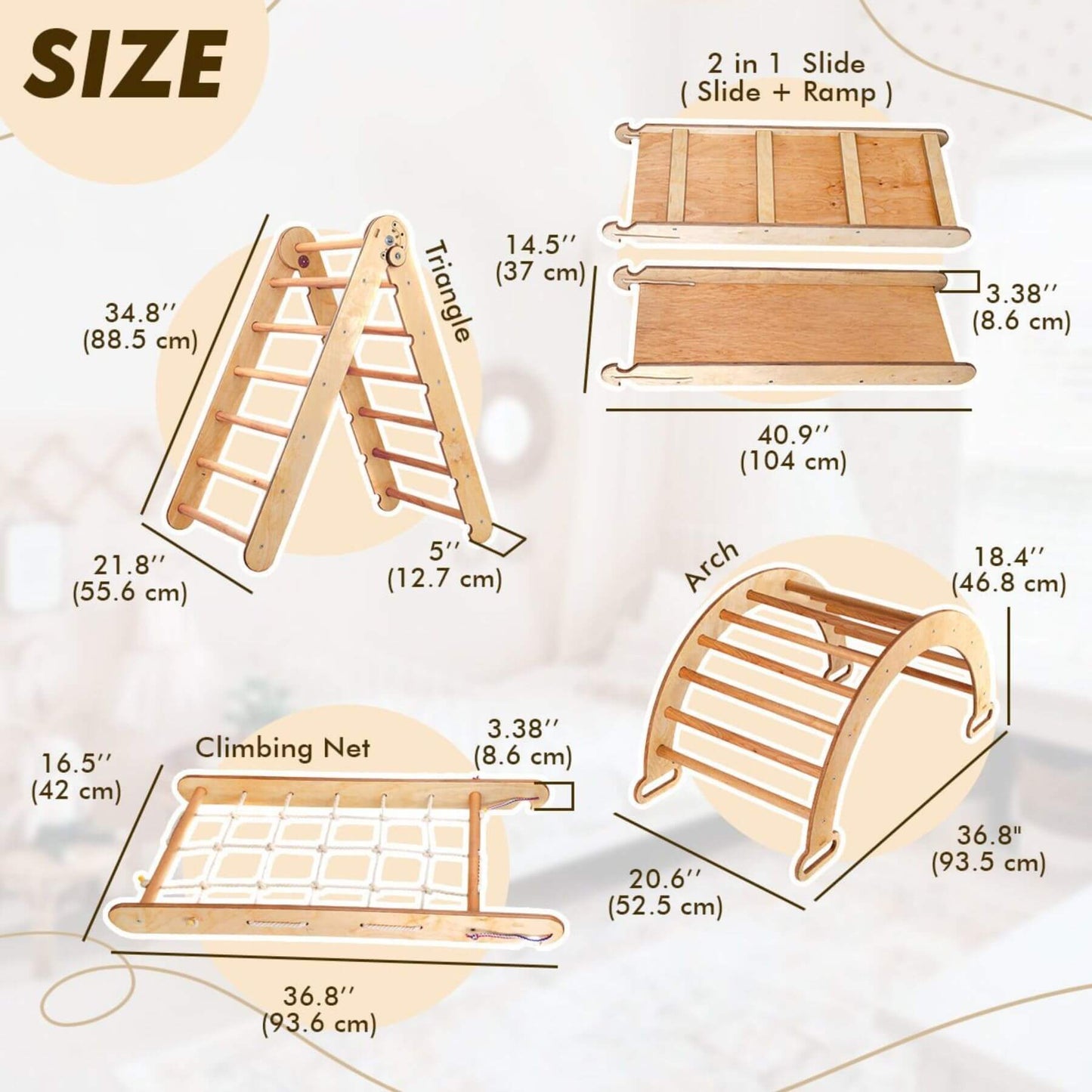 Goodevas 5in1 Montessori Climbing Setwith measurements on a light background