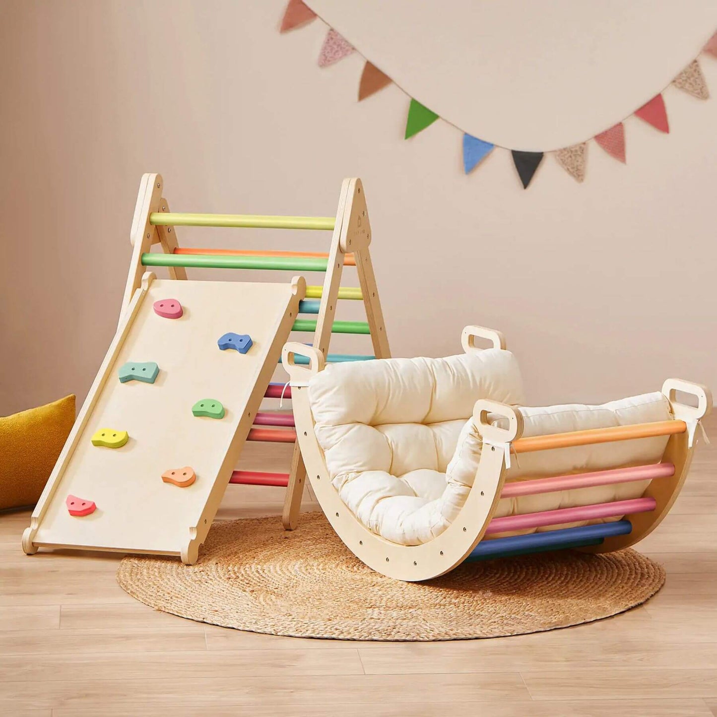 Tiny Land® 7-in-1 Rainbow Climbing Set with Play Pad on a wooden floor.