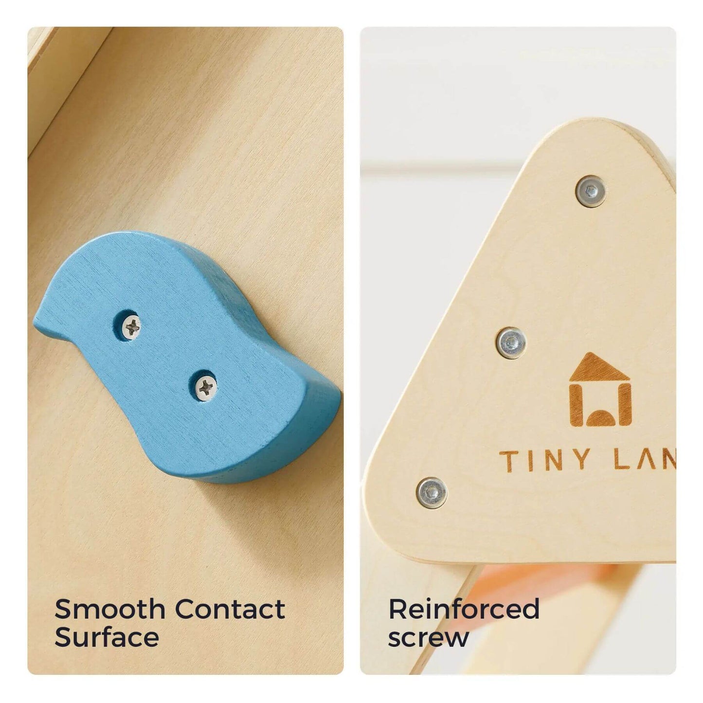 Two product images showing a blue contact surface and a wooden product with 'Tiny Land' branding.