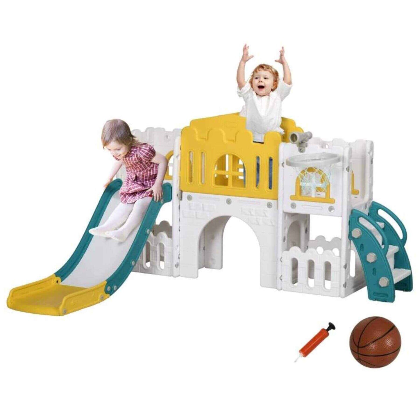 Kids Playing on Qaba 8-in-1 Toddler Slide for Kids Age 1-3 Years Yellow