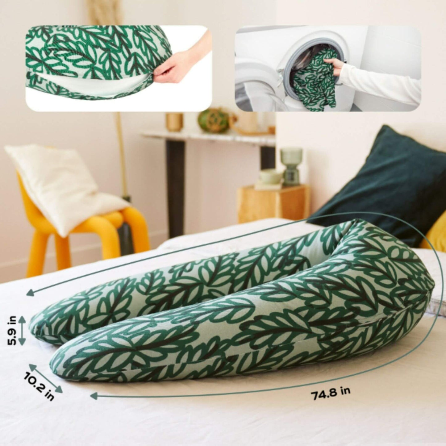 B.Love U-Shape Pregnancy Pillow - Vegetal on a bed with measurements displayed.