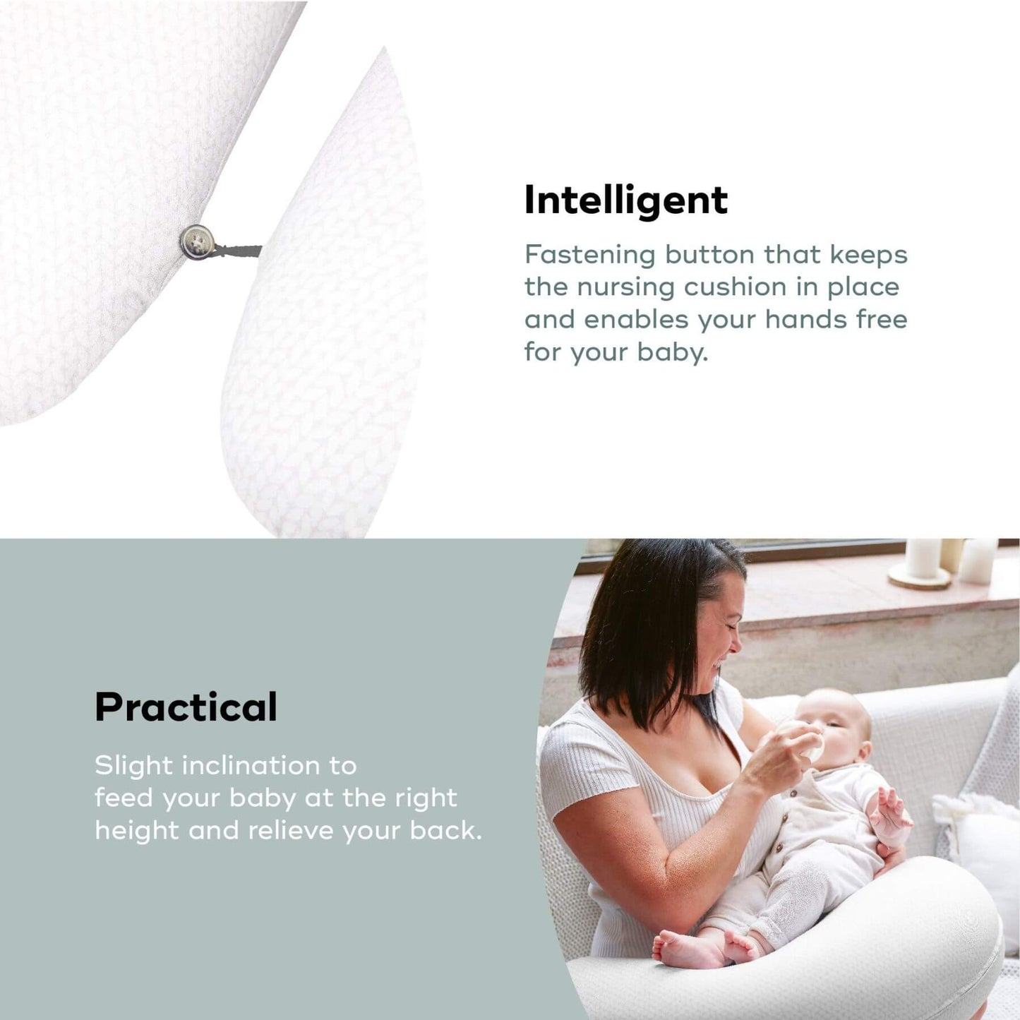 Woman holding a baby in B.Love U-Shape Pregnancy Pillow - Mineral with text highlighting its intelligence and practicality.