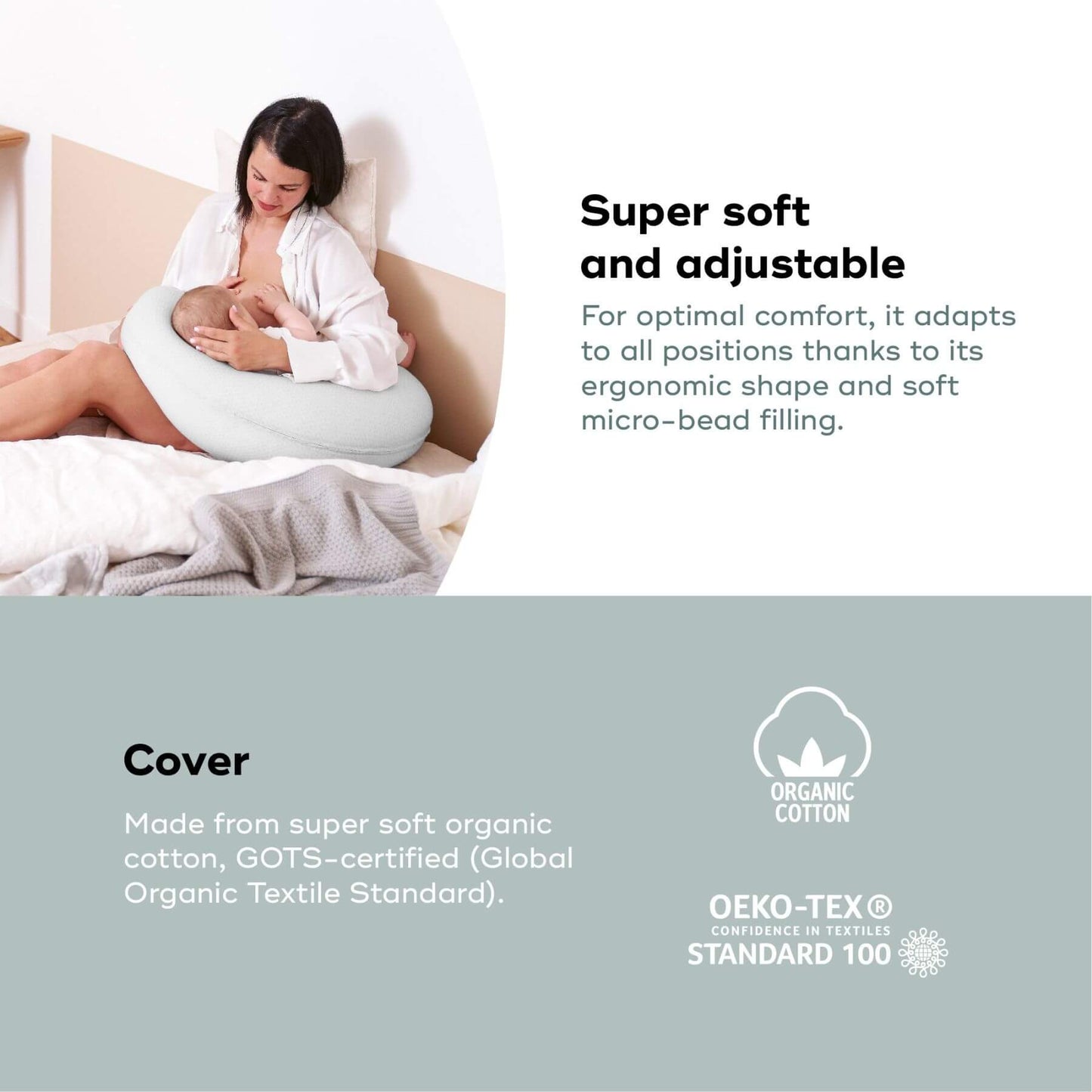 Woman using B.Love U-Shape Pregnancy Pillow - Mineral with text about its softness, adjustability, and organic cotton material.
