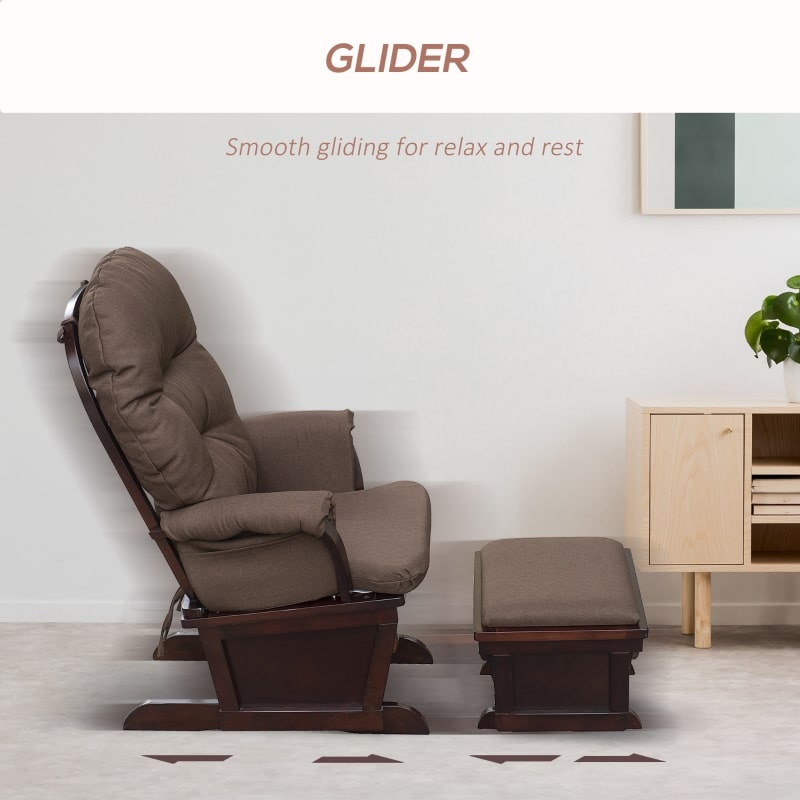 HOMCOM Nursery Glider Rocker with Ottoman | Thick Padded Cushion & Wood Base | Brown