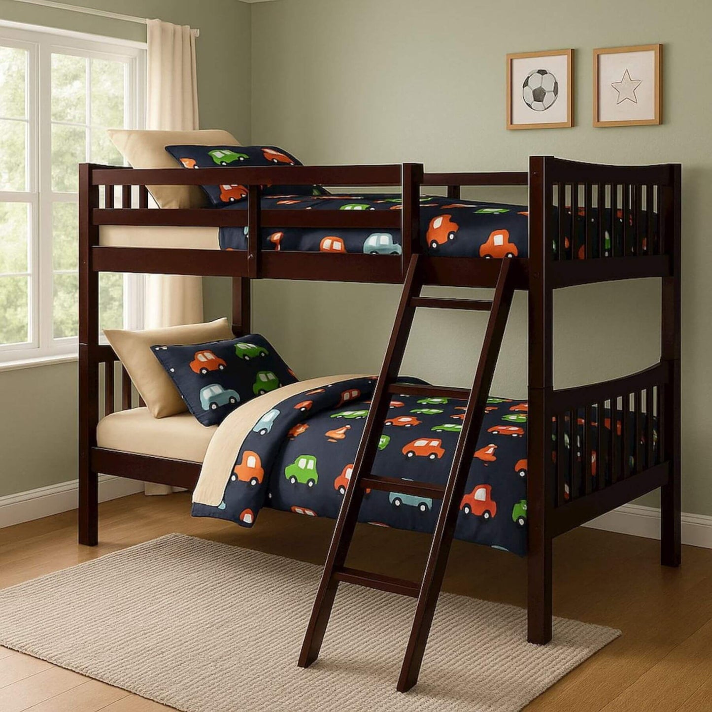 Children's bedroom with a wooden bunk bed featuring car-themed bedding.