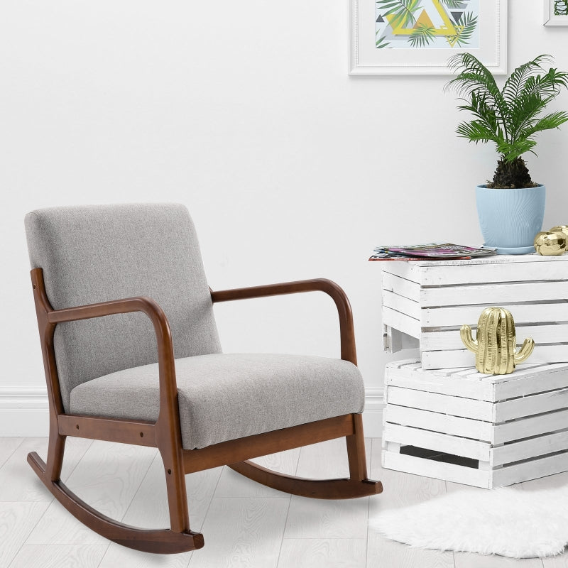 HOMCOM Upholstered Nursery Rocking Armchair | Wood Base & Linen Fabric Seat | Grey